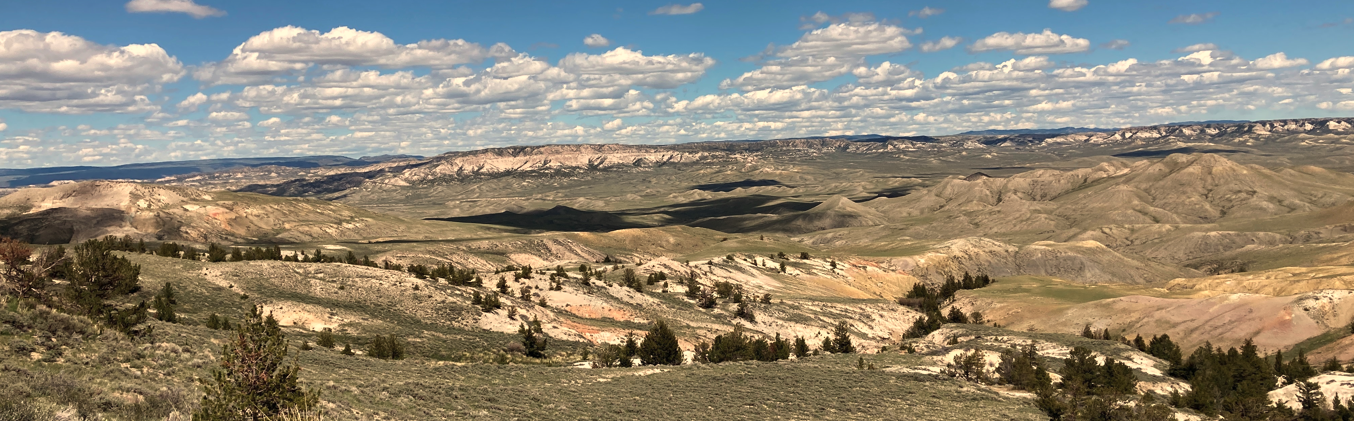 A landscape near Casper, Wyoming is shown. Several scrubby trees cling on, but the habitat is largely grasses and sagebrush interspersed with red dirt and ridges.