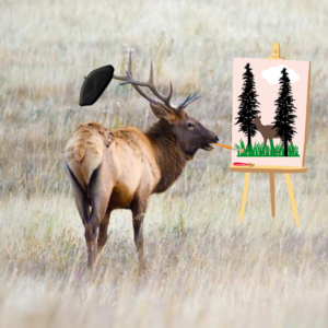 An artistic elk, painting an image of elk in the trees.