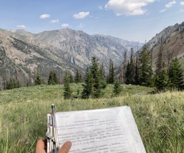 A mountainous forest region is shown while a person takes notes on a data sheet.